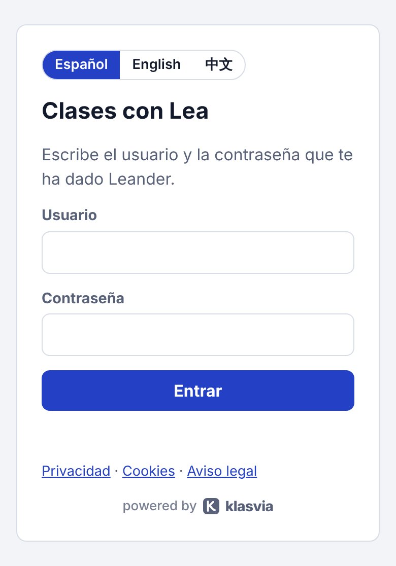 La página de entrada de Clases con Lea en un móvil, con el sello «powered by klasvia» debajo.